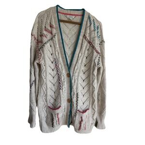 Sundance Button Cable Knit‎ Cardigan XS Cream Beige Crochet Cotton Wool Sweater